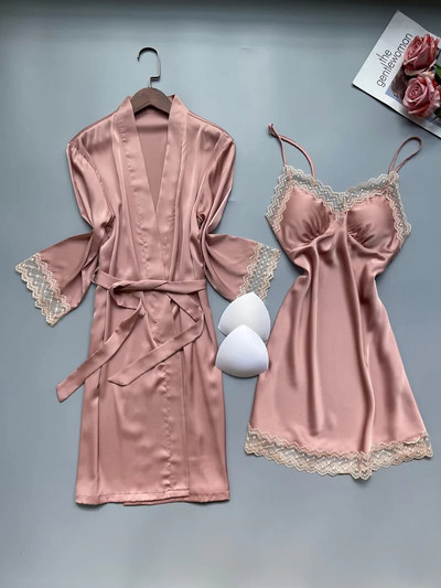 Rožinis chalatų komplektas Moteriškas chalatas namuose Seksuali nėriniuota naktiniai marškiniai nuotakos vestuvinė suknelė kimono naktinis marškinys Laisvas apatinis trikotažas