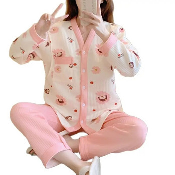 Въздушни памучни пижами за бременни с печат Есен Зима Удебелени следродилни дрехи Комплекти пижами за кърмене за бременни