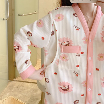 Въздушни памучни пижами за бременни с печат Есен Зима Удебелени следродилни дрехи Комплекти пижами за кърмене за бременни