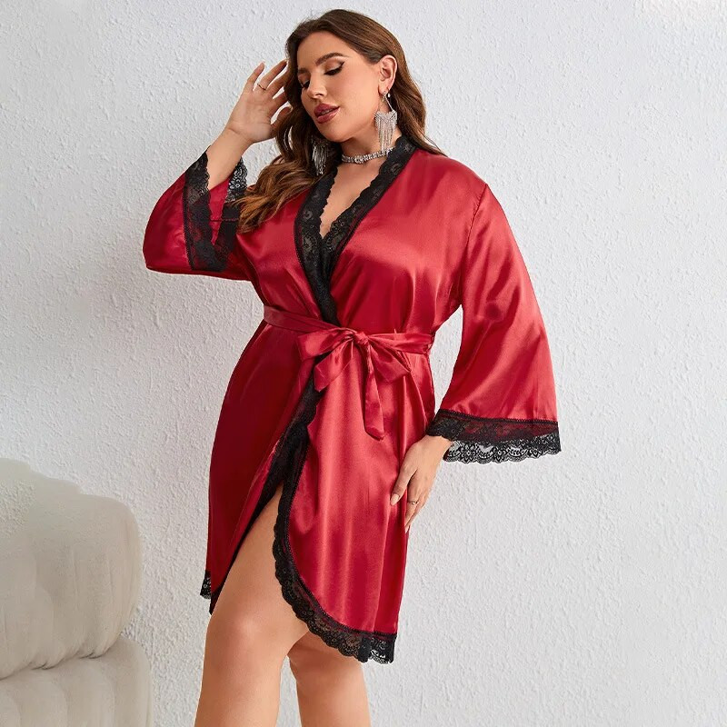 XL-5XL Didelio dydžio chalatas, nėriniai, chalatas, naktiniai marškiniai, vasariniai kimono, miegui, laisvalaikio šilko satino chalatas
