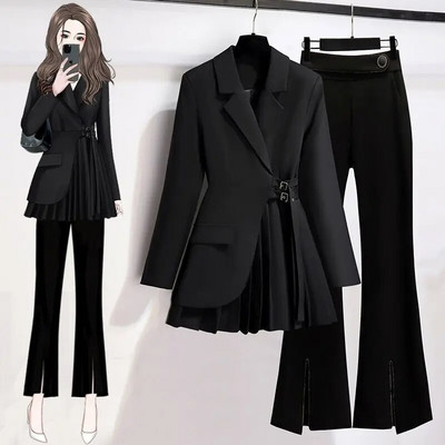 Дамски ежедневен блейзър яке Подходящ комплект Корейски елегантен пролетен есен шикозен костюм Палто+Раздвоени черни панталони Дамски дрехи от две части