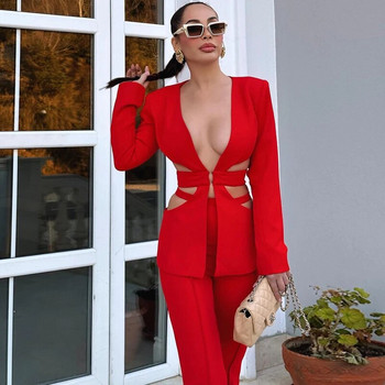 MSMUSI 2023 Нова мода за жени, секси червен комплект с V-образно деколте, комплект от две части, парти с дълги ръкави, издълбан блейзър, костюм с дълги панталони