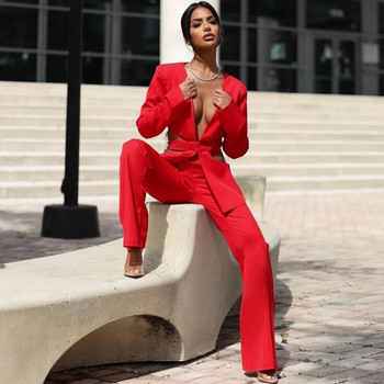 MSMUSI 2023 Нова мода за жени, секси червен комплект с V-образно деколте, комплект от две части, парти с дълги ръкави, издълбан блейзър, костюм с дълги панталони