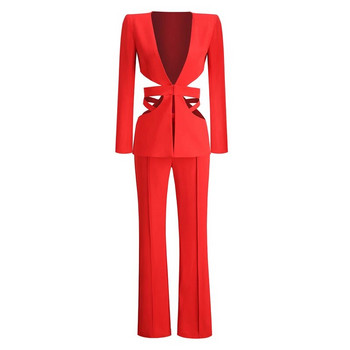 MSMUSI 2023 Νέα μόδα Γυναικείες Σέξι Κόκκινο V λαιμόκοψη σετ δύο τεμαχίων Bodycon Party με μακρυμάνικο μακρυμάνικο μπλέιζερ τοπ μακρύ παντελόνι κοστούμι