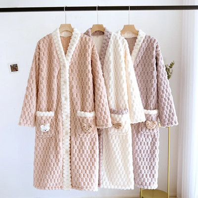 Women Winter New Thick Warm Flannel Bathrobe Plus Size Coral Fleece Bath Robe Female Cozy Dressing Gown Ladies Lounge Sleepwear