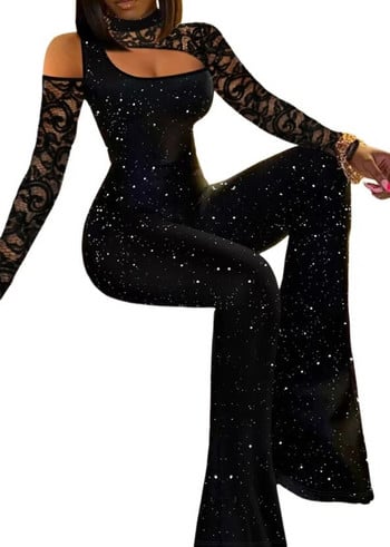 Γυναικεία Ολόσωμη φόρμα Χειμώνας 2023 Νέα Μόδα Κομψή Κομψή μακρυμάνικη κούφια γκλίτερ δαντέλα με φουσκωτή φόρμα ποδιών ιδιοσυγκρασία Μετακίνηση