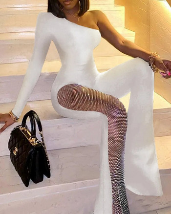 Дамски гащеризон Пролетна мода 2023 г. Мрежеста кръпка със стрази с едно рамо Обикновен дълъг ръкав Скини парти Гащеризон с кльощави крака