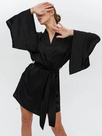 Летен секси дамски халат за 2023 г. с разкроени ръкави Женски черни свободни халати Дамско нощно облекло с V-образно деколте и пояси