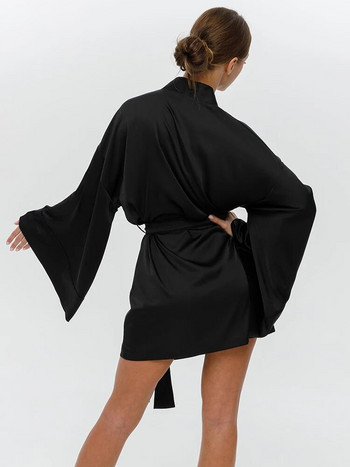 Καλοκαιρινό σέξι γυναικείο φόρεμα 2023 Μπουρνούζι με μανίκια γυναικεία μαύρα φαρδιά γυναικεία ρόμπες Γυναικεία νυχτικά με λαιμόκοψη V με φύλλα