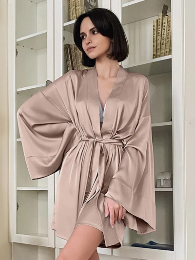 Ljeto 2023. Seksi ženski kućni ogrtač širokih rukava Ženski crni široki ogrtači Ženska spavaćica s V-izrezom i pojasom