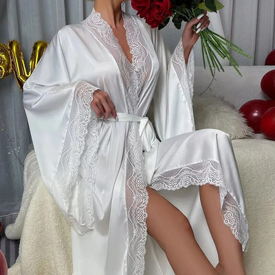 Bride Bathrobe V-Neck Nightgown Women Long Kimono Dressing Gown Homewear Autumn New Lace Trim Robe Sleepwear Long Loungewear