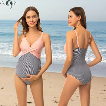 Liu&Qu Дамски бански костюм за бременни от една част отпред с кръстосано V-образно деколте Бански костюми за бременни Монокини Плажни бански костюми