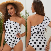 Облекло за бременни майки Бански костюм с щампа на точки Бял полиестерен бански костюм за бременни, носещ цял плаж, носещ бикини с волани