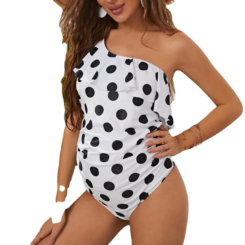 Облекло за бременни майки Бански костюм с щампа на точки Бял полиестерен бански костюм за бременни, носещ цял плаж, носещ бикини с волани