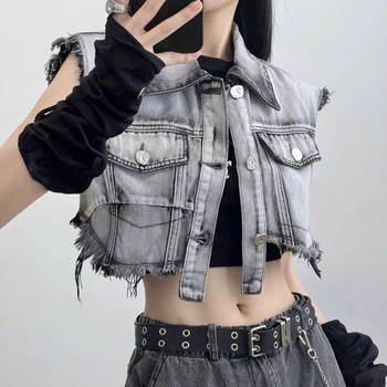 Винтидж улично облекло Y2k Clothes Tassel Irregular Solid Sleeveless Denim Jets Pun Down Collar Summer Gothic Female Slim Crop Top