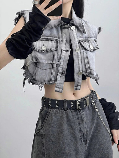 Vintage Streetwear Y2k Ρούχα Φούντα Ακανόνιστα μασίφ αμάνικα τζιν γιλέκα κάτω γιακάς Καλοκαιρινό γοτθικό γυναικείο λεπτό Crop Top