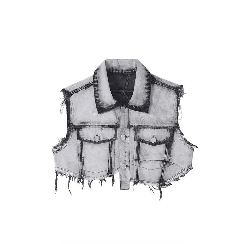 Vintažiniai gatvės drabužiai Y2k drabužiai Kutas Netaisyklingos kietos berankovės džinsinės liemenės sutrumpintos apykaklės Vasarinės gotikos moteriškos plonos apkarpytos viršutinės dalies