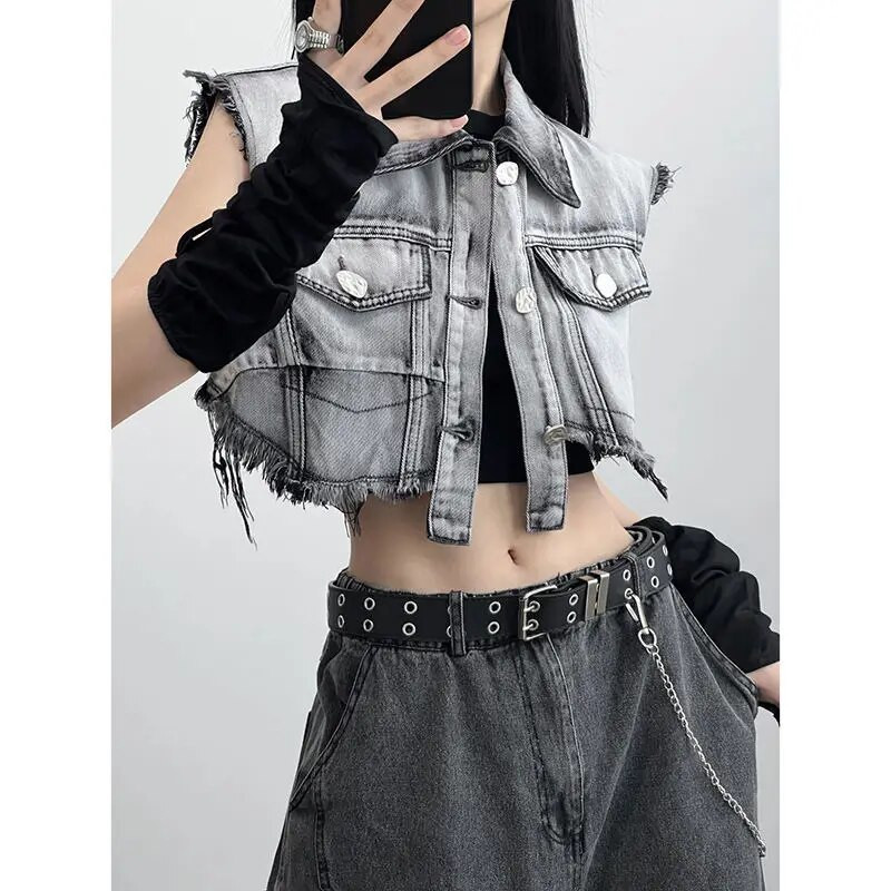 Vintažiniai gatvės drabužiai Y2k drabužiai Kutas Netaisyklingos kietos berankovės džinsinės liemenės sutrumpintos apykaklės Vasarinės gotikos moteriškos plonos apkarpytos viršutinės dalies