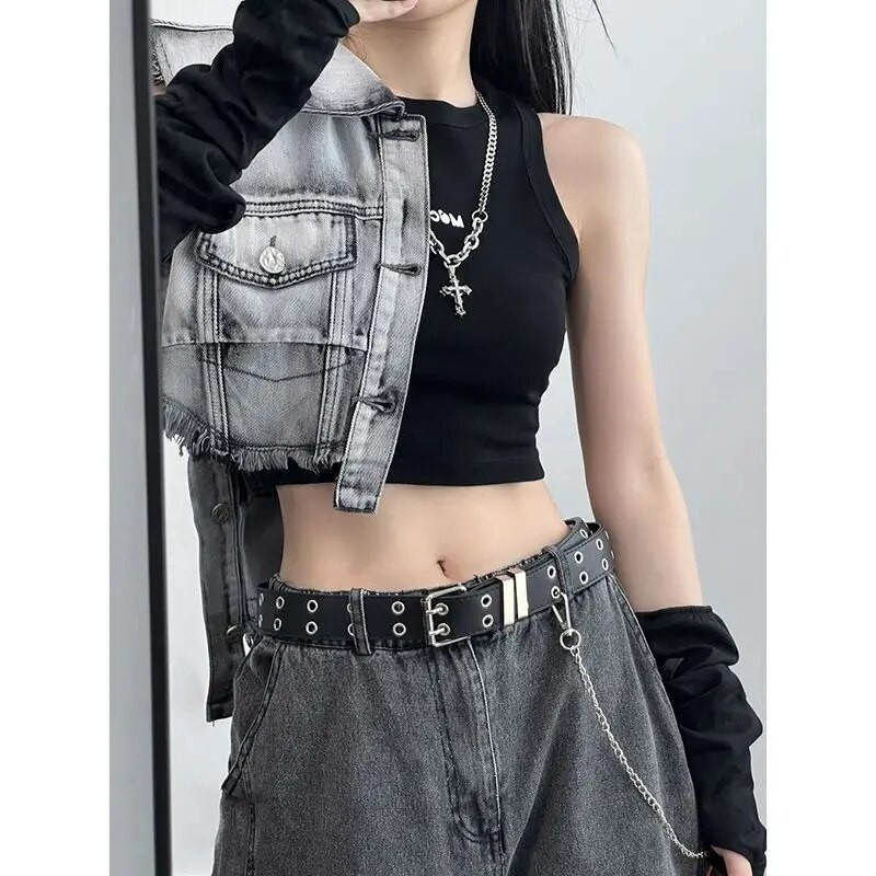 Vintažiniai gatvės drabužiai Y2k drabužiai Kutas Netaisyklingos kietos berankovės džinsinės liemenės sutrumpintos apykaklės Vasarinės gotikos moteriškos plonos apkarpytos viršutinės dalies