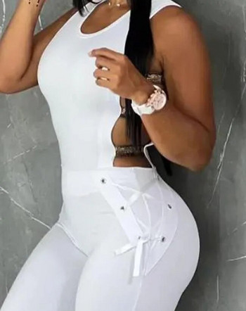 Γυναικεία ολόσωμη φόρμα 2023 Καλοκαίρι με μοτίβο γράμματα μόδας Αμάνικο σέξι σκάλα με κοψίδι με στρογγυλή λαιμόκοψη Skinny Daily Long Jumpsuit Streetwear