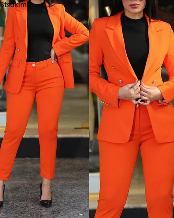 2023 Дамски комплекти панталони от две части Официални бизнес двуредни сака и панталони Комплект от 2 части Елегантни дамски костюми с панталони