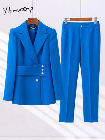 Сини дамски костюми Yitimuceng Офис комплекти 2023 Моден асиметричен блейзър с дълъг ръкав Дамски винтидж тънки плътни панталони Комплекти от 2 части