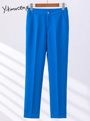 Сини дамски костюми Yitimuceng Офис комплекти 2023 Моден асиметричен блейзър с дълъг ръкав Дамски винтидж тънки плътни панталони Комплекти от 2 части