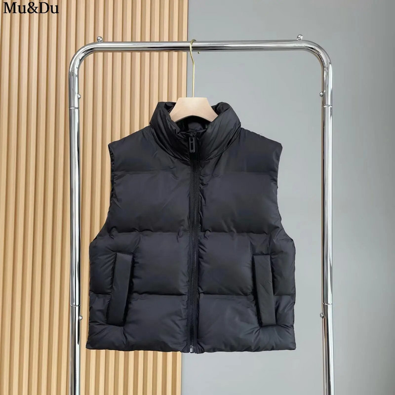 Mu&Du 2023 m. rudens žiema Moteriški viršutiniai marškinėliai stovi apykakle be rankovių su užtrauktuku liemenė Moteriška Paprasta Tvirta šilta Medvilninė liemenė