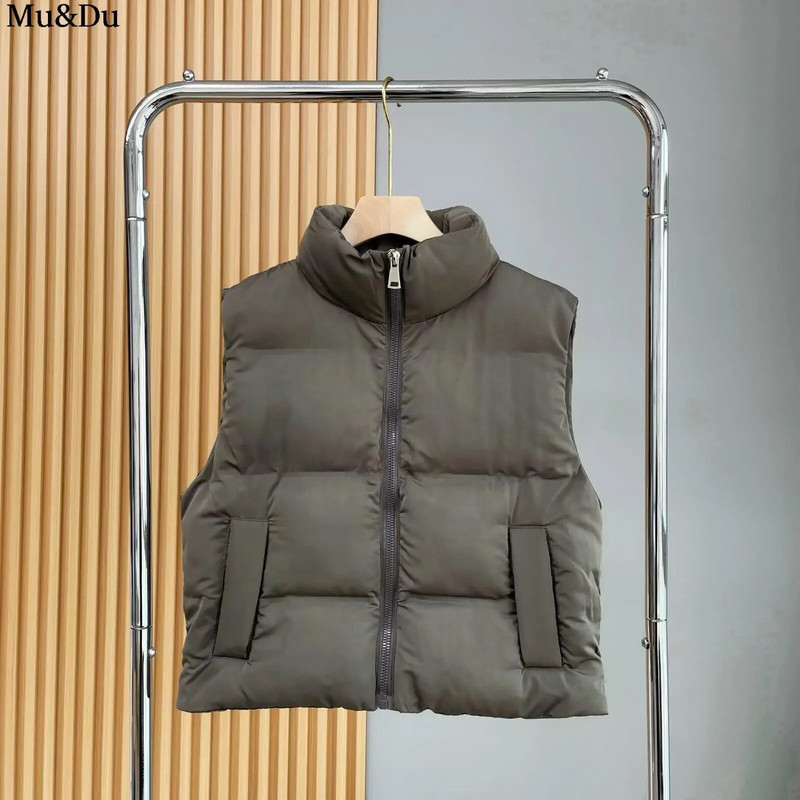 Mu&Du 2023 m. rudens žiema Moteriški viršutiniai marškinėliai stovi apykakle be rankovių su užtrauktuku liemenė Moteriška Paprasta Tvirta šilta Medvilninė liemenė