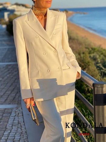 KONDALA Vintage Fashion 2023 Άνοιξη μονόχρωμο γυναικείο κοστούμι γραφείου Lady Chic casual μονό στήθος Παντελόνι με φερμουάρ με φαρδύ μπλέιζερ