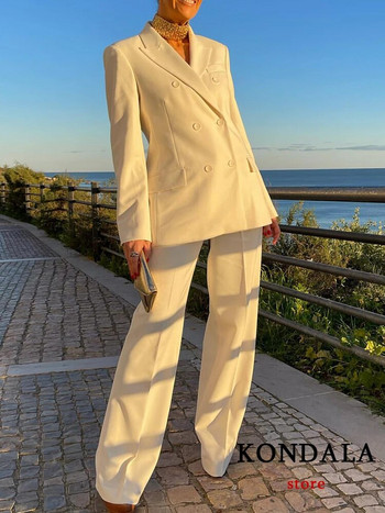 KONDALA Vintage Fashion 2023 Пролетен едноцветен дамски костюм Office Lady Chic Ежедневна едногърда жилетка Свободен блейзър Широки панталони с цип
