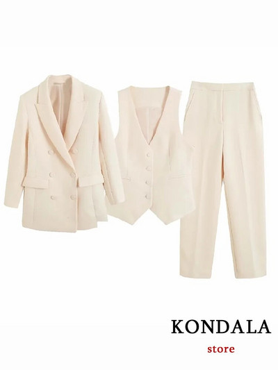 KONDALA Vintage Moda 2023. Proljetno jednobojno žensko odijelo Uredska dama Chic Ležeran jednoprsni prsluk Široki sako široke hlače s patentnim zatvaračem