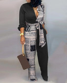 Modni novinski print kombinezoni na vezanje Jesenske hlače s visokim strukom Hlače širokih nogavica Temperamentni kombinezoni