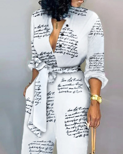 Modni novinski print kombinezoni na vezanje Jesenske hlače s visokim strukom Hlače širokih nogavica Temperamentni kombinezoni