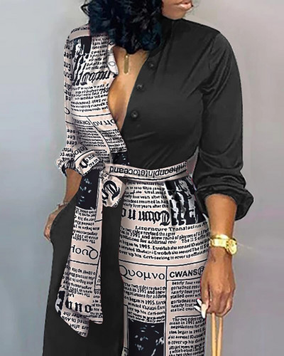 Modni novinski print kombinezoni na vezanje Jesenske hlače s visokim strukom Hlače širokih nogavica Temperamentni kombinezoni