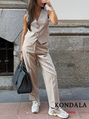 KONDALA senovinis biuro moteriškas kostiumas su V formos iškirpte, liemenė su viena krūtine + tvirtas tiesios laisvos kelnės, madingi 2023 m. rudens komplektai