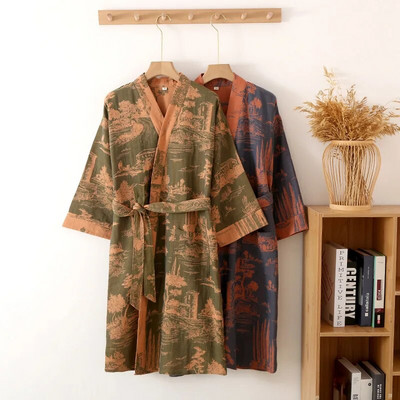 Comfort Gauze Jacquard Cotton Men Robes Spring Summer New Bathrobe Dressing Gown Sleepwear Homewear Casual Male Kimono With Belt