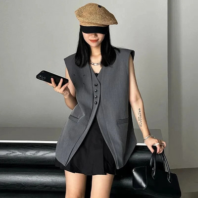 2024 Ženski Proljeće Jesen Široki prsluk Ženski korejski temperamentni prsluci bez rukava Top Lažni dvodijelni prsluci Kaput