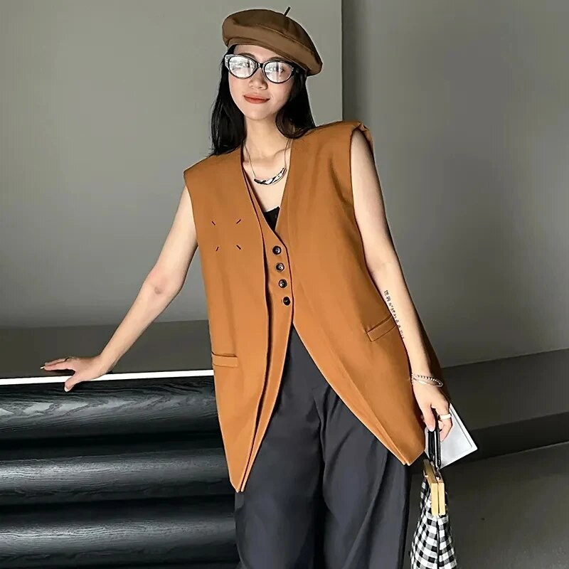 2024 Ženski Proljeće Jesen Široki prsluk Ženski korejski temperamentni prsluci bez rukava Top Lažni dvodijelni prsluci Kaput