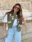 Siuvinėti trumpi apkarpyti viršutiniai moteriški viršutiniai drabužiai, madingi rankoviai, vientisa liemenė 2023 m. vasaros atostogų gatvės aprangos liemenė