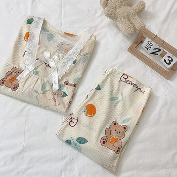 Комплект пижами за кърмачки след раждане Пролетно есенно облекло Карикатурно бременно майчинство Кърмещи горнища Костюм с дълги панталони