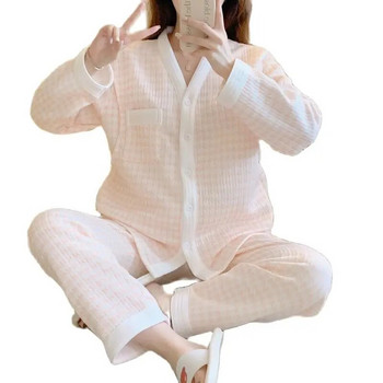 Зимна пижама за бременни Костюм Дебела топла риза за кърмачки с дълъг ръкав и V-образно деколте, Дълги панталони, карирани двойки Комплект за кърмене на майката