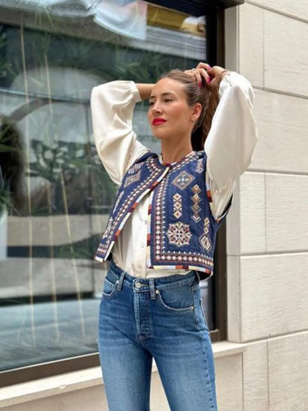 Išsiuvinėta spausdinta medvilninė liemenė moteriška Madinga vintažinė rankovių O kaklo viršutinė priežastinė moteriška „High Street“ liemenė