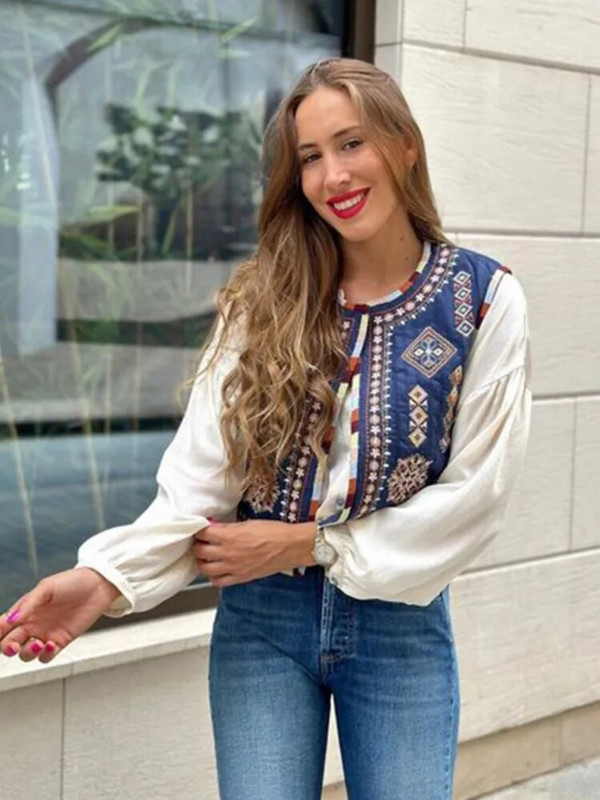 Išsiuvinėta spausdinta medvilninė liemenė moteriška Madinga vintažinė rankovių O kaklo viršutinė priežastinė moteriška „High Street“ liemenė