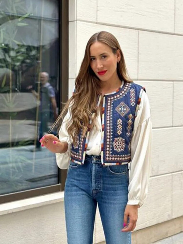 Išsiuvinėta spausdinta medvilninė liemenė moteriška Madinga vintažinė rankovių O kaklo viršutinė priežastinė moteriška „High Street“ liemenė