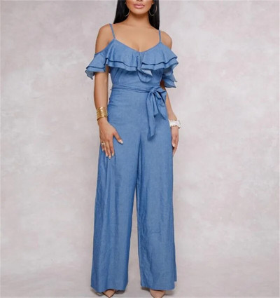 Blue S-XL Sexy European and American Women`s Jumpsuit Spring and Summer Jeans Sexy Suspension Belt Low-breasted Lotus Leaf-edge