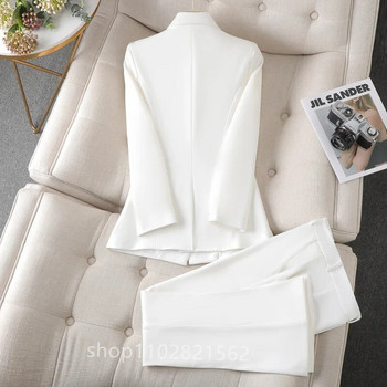 Бял елегантен дамски костюм Двуредно сако + кльощави панталони Официален бизнес костюм с панталон Офис яке от 2 части Дамски екипи