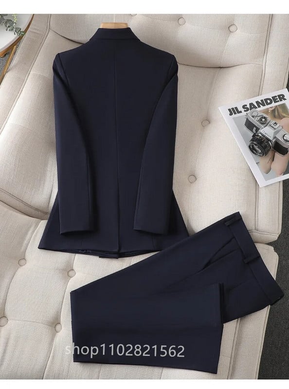 Elegantiškas baltas moteriškas kostiumas, dvieilis švarkas + platėjančios kelnės oficialus verslo kelnių kostiumas biuro striukė, 2 dalių moteriški komplektai