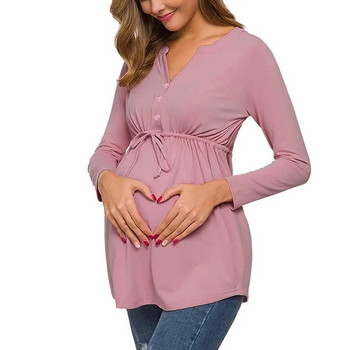 Нова тениска за кърмене за бременни, пролет, есен, едноцветно деколте с V-образно деколте, плюс размер, горнище за кърмене за бременни