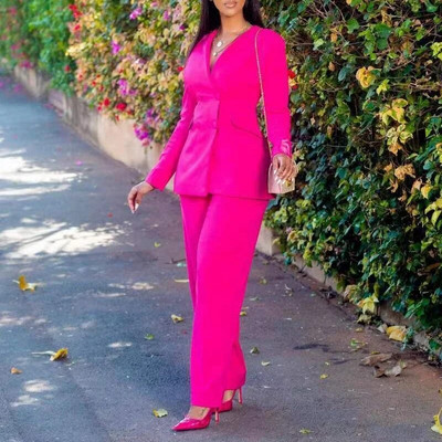 CM.YAYA Elegantno ružičasto crveno sako odijelo i dvodijelni dvodijelni set hlača širokih nogavica za ženu, trenirka jesen zima 2023.